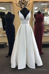 White V Neck Satin Long Prom Dress, White Evening